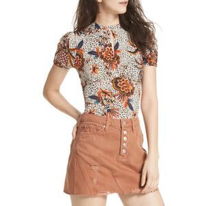 Free People Hear Me Roar Animal & Floral Print Keyhole Blouse Top  XS